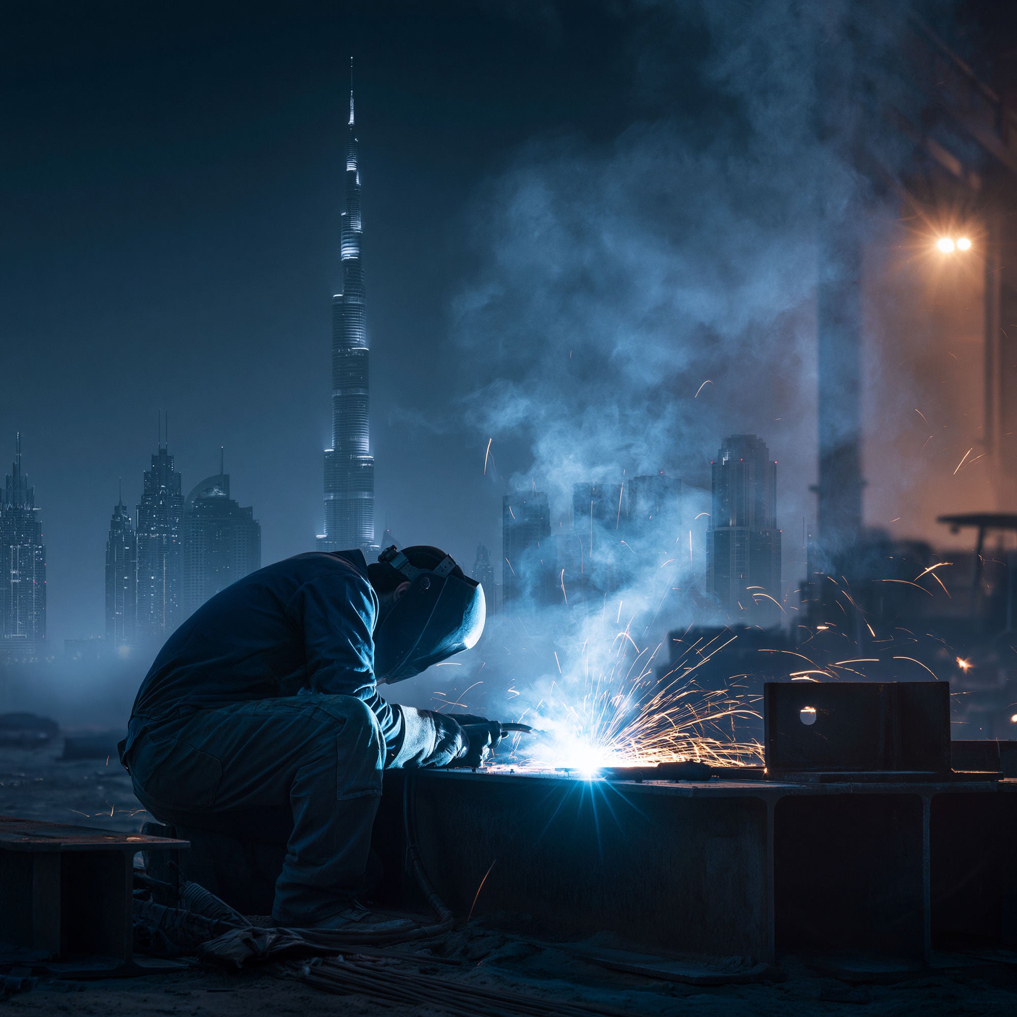 Welder welding steel at night with the Dubai skyline and Burj Khalifa, electric-blue arc and orange sparks